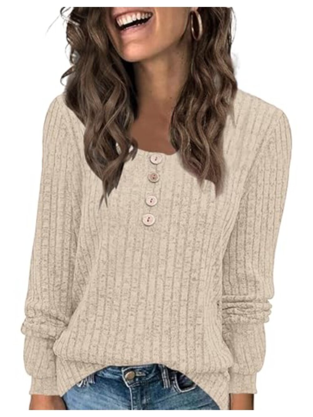 Womens Long Sleeve Henley Tunic Top Button Down Fitted Pullover Fall